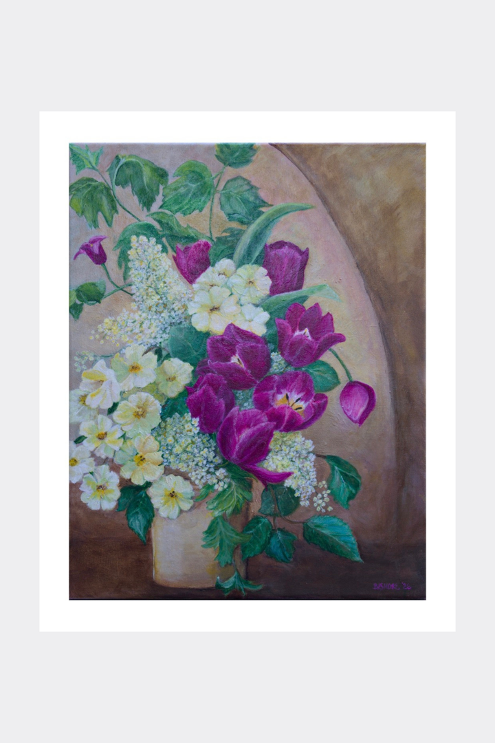 A still life floral painting featuring purple tulips, white flowers, and green leaves in a vase against a warm brown and beige background, presented with a white border on a light gray canvas.