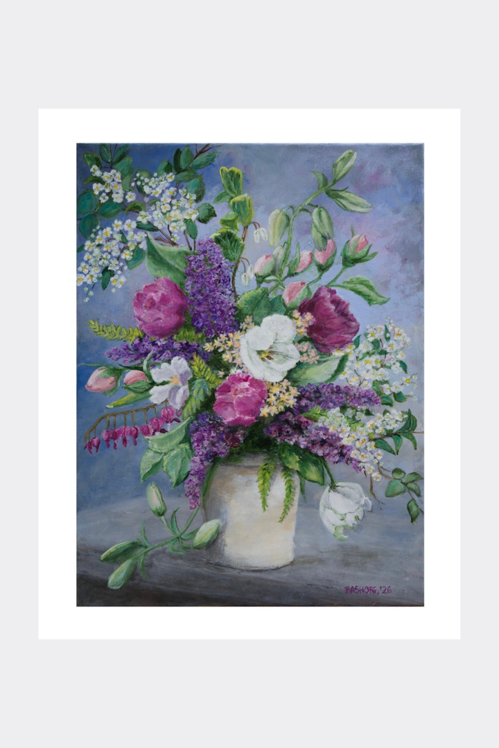 A floral still life painting featuring a bouquet of purple, pink, white, and green flowers in a white vase against a soft blue-gray background, presented with a wide white border.