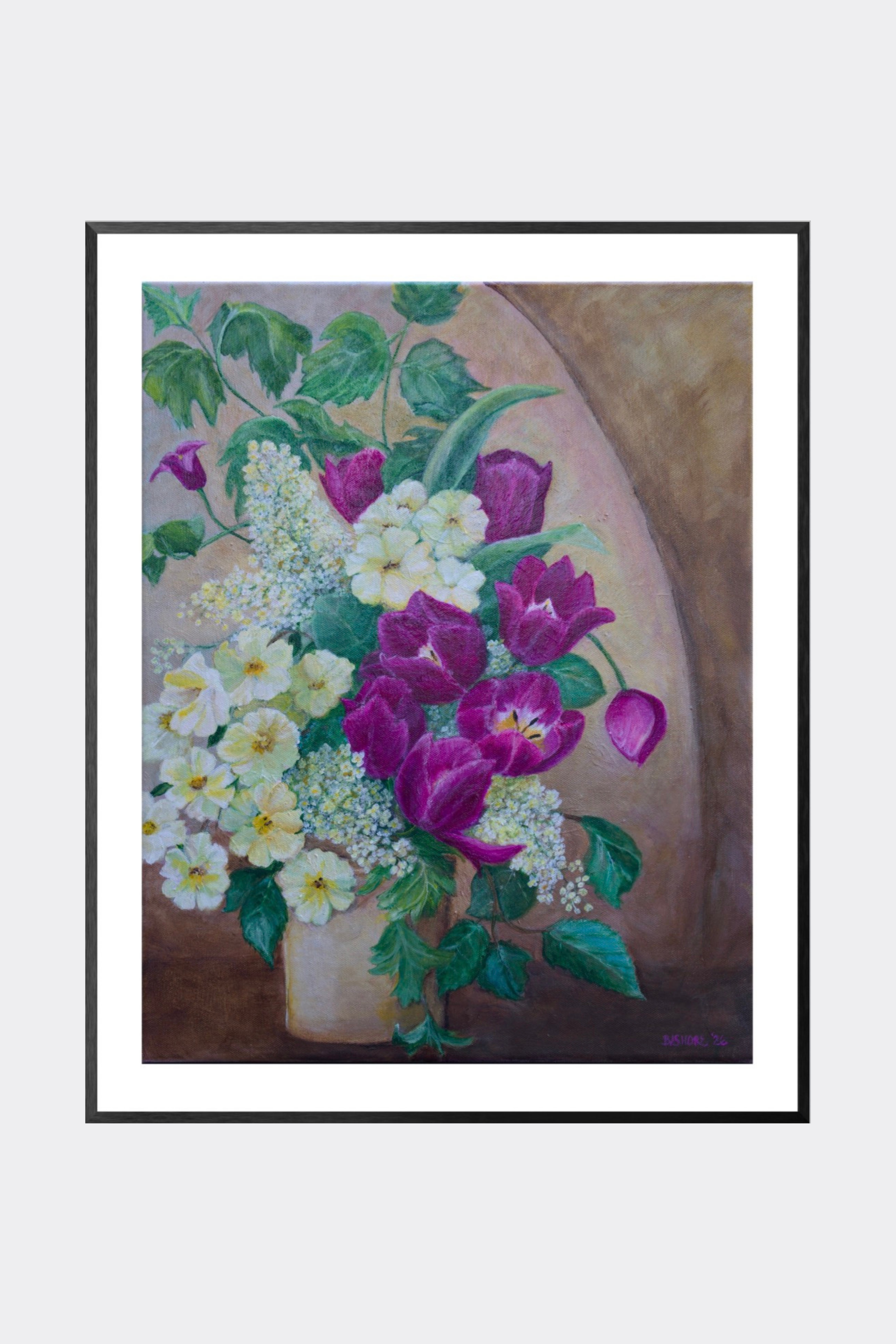 A framed still life painting of a flower bouquet, featuring purple tulips, white flowers, and green leaves in a vase against a warm brown background, presented in a black frame with a white mat.