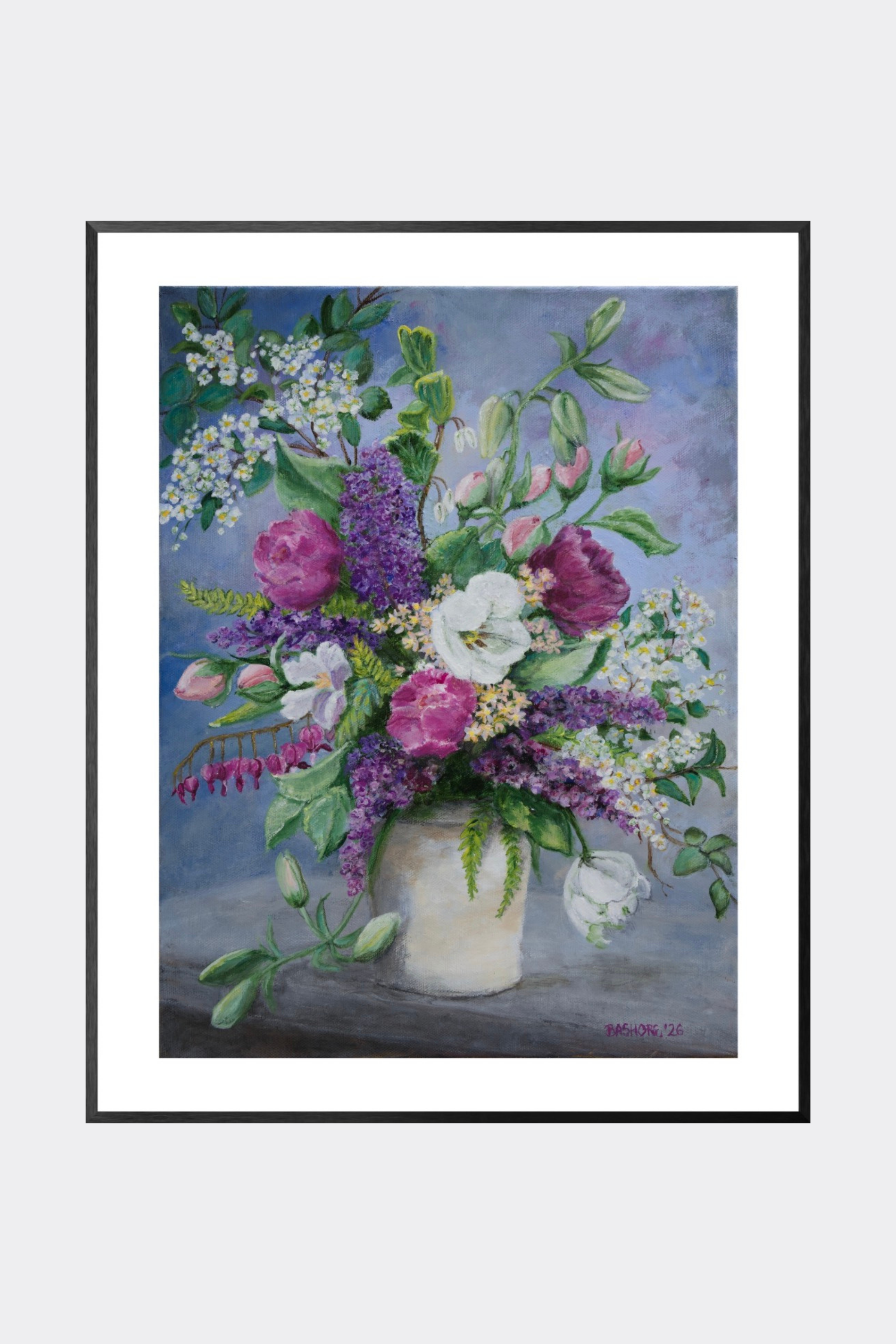 A framed floral art print featuring a bouquet of purple, pink, and white flowers in a white vase against a soft blue-gray background, shown with a white mat and black frame on a light gray backdrop.