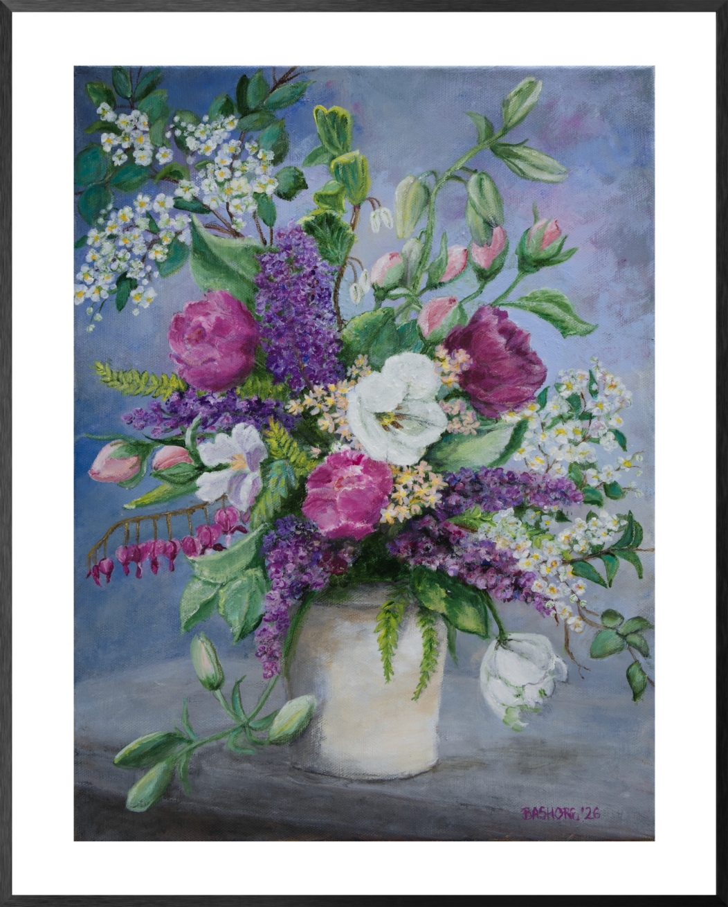 A framed still life painting of a vibrant flower bouquet in a cream-colored vase, featuring purple lilacs, pink roses, white blossoms, and green leaves against a soft blue-gray background, framed in black metal