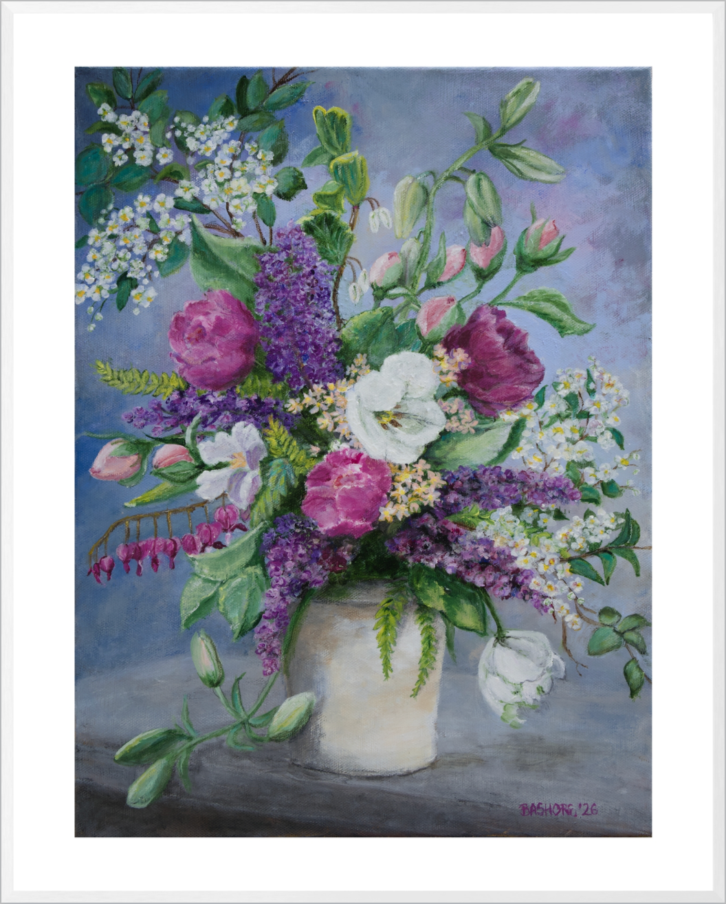 A still life floral painting of a bouquet in a white jar, featuring purple lavender, pink roses, white blossoms, and green leaves against a soft blue-gray background, framed in white metal