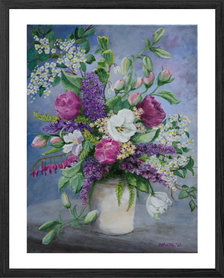 Garden Bouquet art print of purple lilacs and pink peonies in stoneware vase, framed in black wood