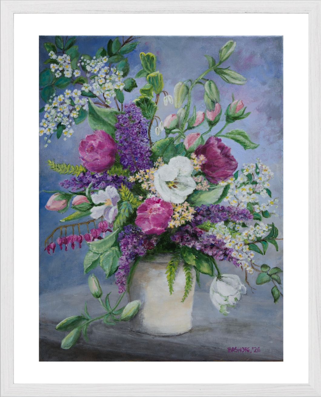 A framed painting of a vibrant flower bouquet in a white vase, featuring purple flowers, pink roses, and white blossoms against a soft blue-gray background, framed in white oak