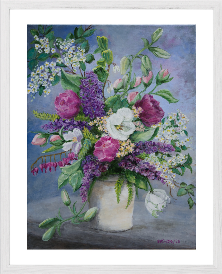 A framed painting of a vibrant flower bouquet in a white vase, featuring purple flowers, pink roses, and white blossoms against a soft blue-gray background, framed in white oak