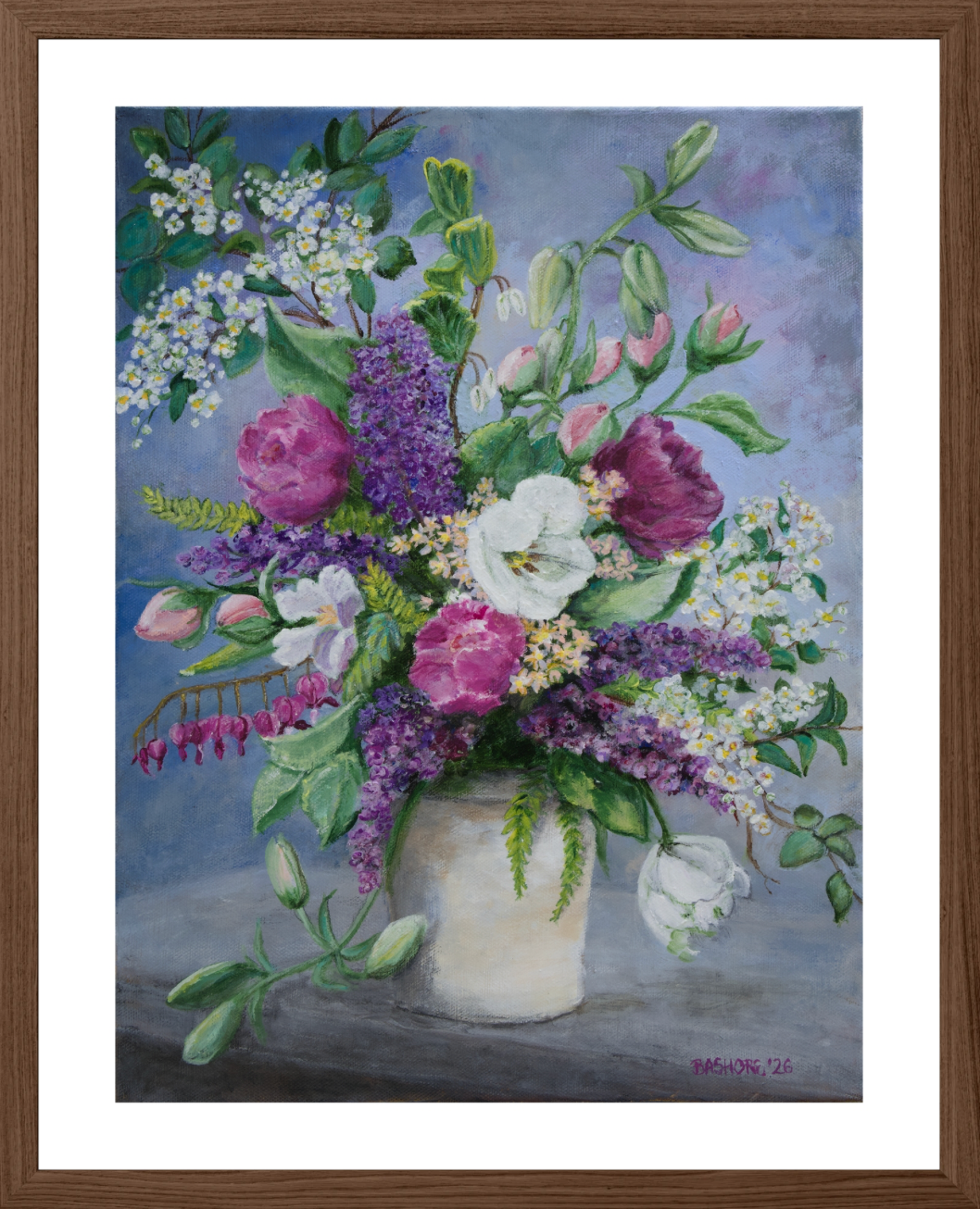 A framed floral painting featuring a bouquet of purple, pink, and white flowers in a cream-colored vase against a soft blue-gray background, enclosed in a white mat and dark brown wood frame.