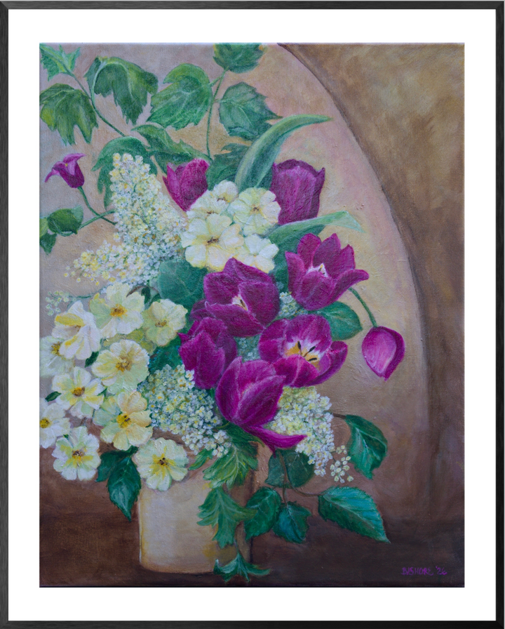 A framed floral painting featuring purple tulips, white blossoms, and green leaves arranged in a vase against a warm brown background, shown with a white mat and black frame.