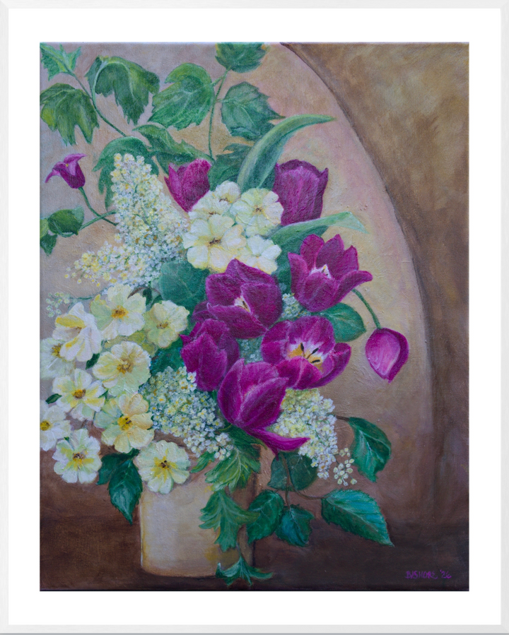 A still life painting of a flower bouquet in a vase, featuring prominent purple tulips, white and pale yellow flowers, and green leaves against a warm beige background.