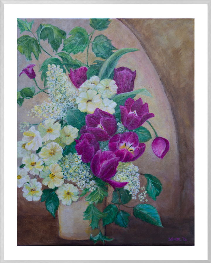 A floral still life painting featuring purple tulips, white flowers, and green leaves arranged in a vase against a warm brown and beige background, shown with a white border.