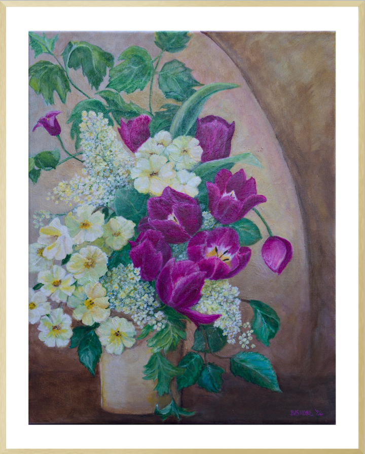 A still life painting of a flower bouquet in a vase, featuring prominent purple tulips, white and pale yellow flowers, and green leaves against a warm beige background.