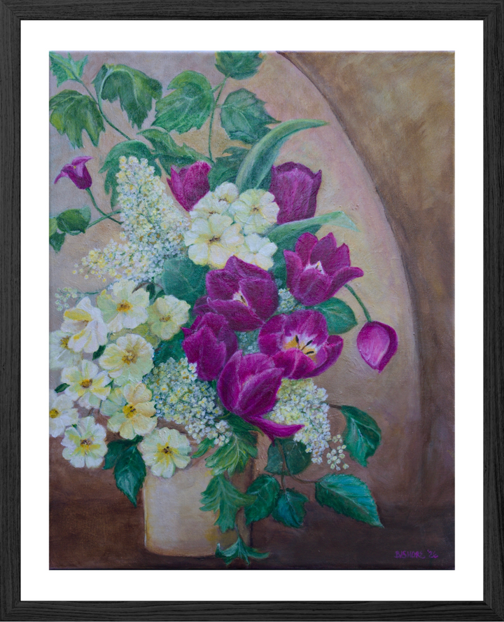 A framed painting of a floral bouquet with purple tulips, white flowers, and green leaves in a beige vase against a warm brown background, enclosed in a black frame with a white mat.
