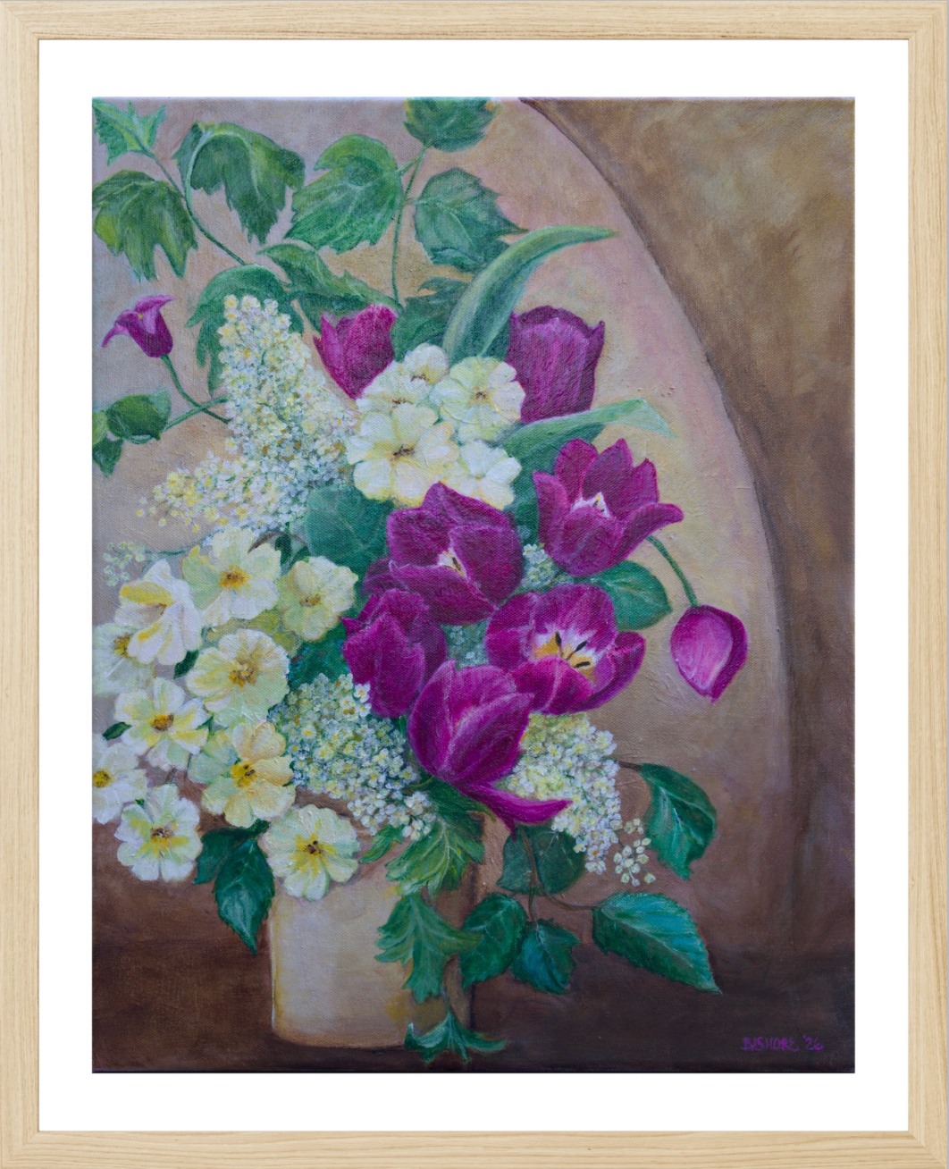 A framed painting of a floral bouquet with purple tulips, white flowers, and green leaves in a vase against a warm brown and beige background.