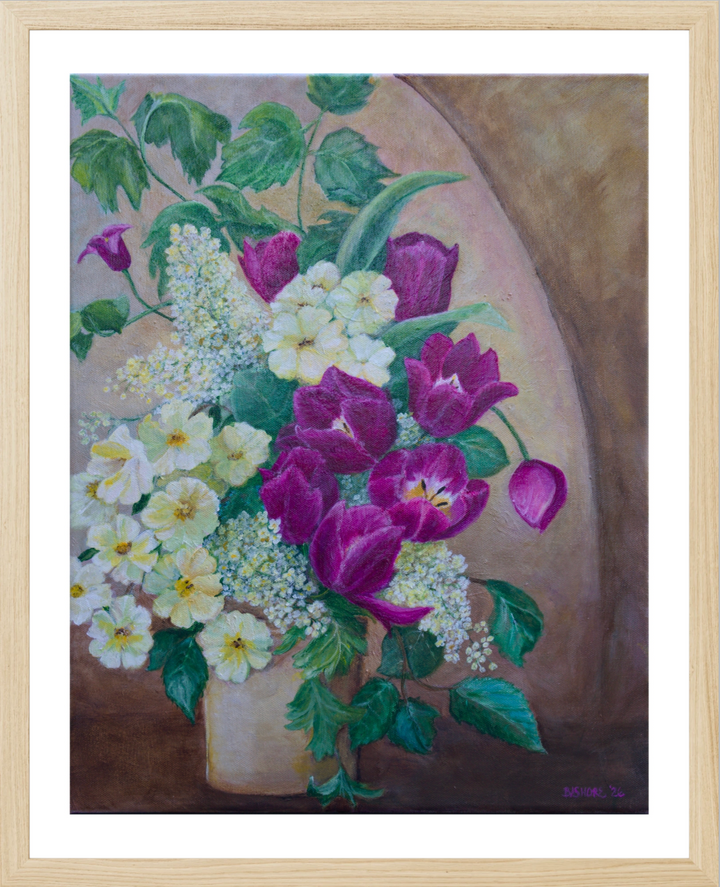 A framed painting of a floral bouquet with purple tulips, white flowers, and green leaves in a vase against a warm brown and beige background.