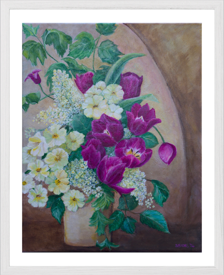A framed painting of a floral bouquet with purple tulips, white flowers, and green leaves in a vase against a warm brown and beige background.