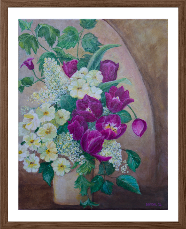 A framed floral painting featuring purple tulips, white flowers, and green leaves arranged in a vase against a warm brown background, enclosed in a white mat and dark wood frame.