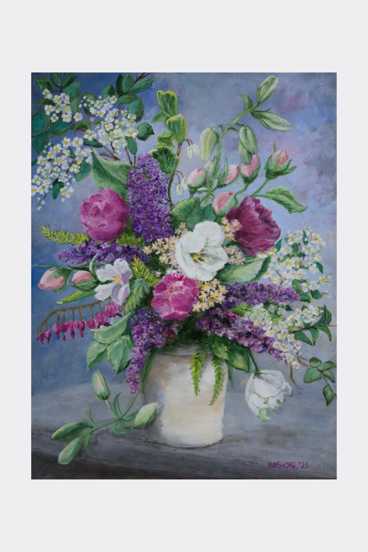 A floral still life painting featuring a bouquet of purple lilacs, pink roses, white blossoms, and green leaves arranged in a cream-colored vase against a soft blue-gray background.